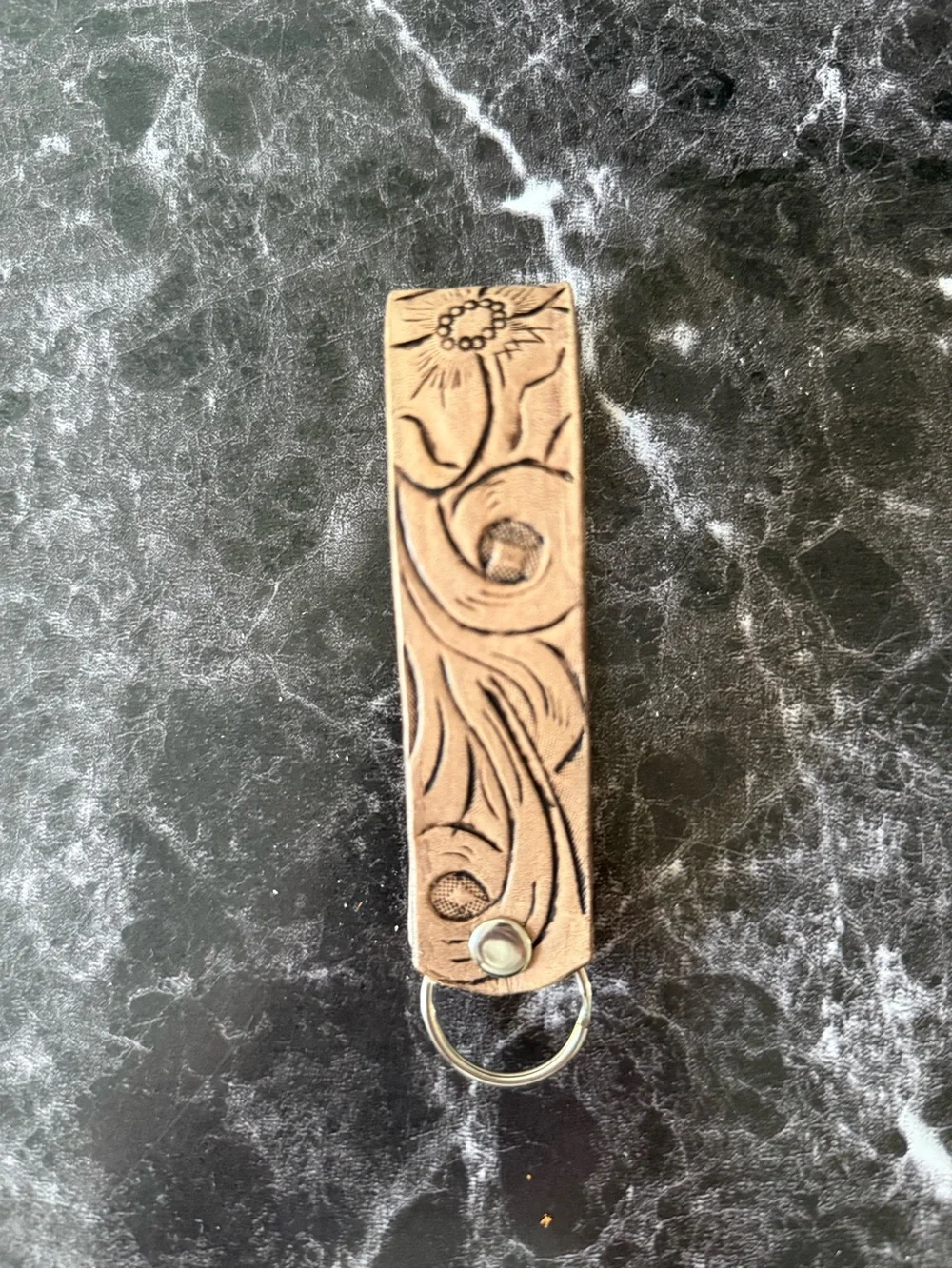 Hand-Tooled Floral Leather Key Fob - Tan